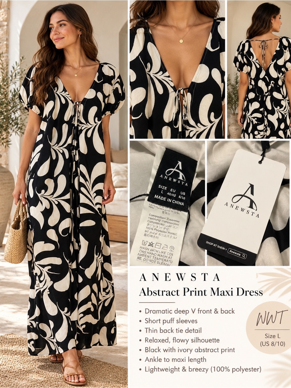 SHEIN Black and Ivory Abstract Print Maxi Dress